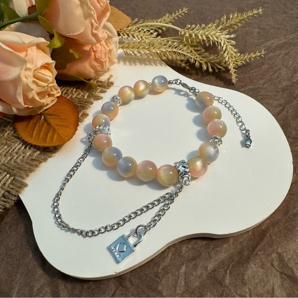 Iridescent Beaded Bracelet with Heart Padlock Charm - Picture 3 of 5